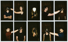 Load image into Gallery viewer, Collage of 10 photos showing people in dark clothing, some holding black gas masks, set against a dark background.