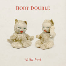 Load image into Gallery viewer, Two vintage white teddy bears with red lips and cat ears sitting on a plain beige background, red text reading Body Double.