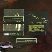 Load image into Gallery viewer, Black cassette tape with gold streak design and matching black and gold case and inserts, dark background.