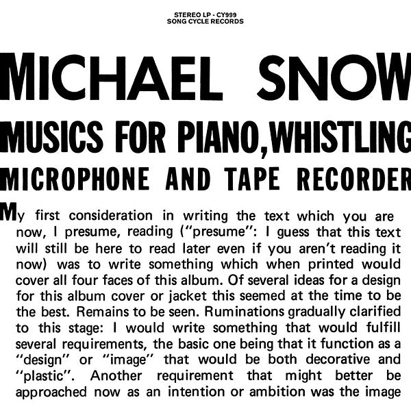 Michael Snow - Musics For Piano, Whistling, Microphone And Tape Recorder 2LP