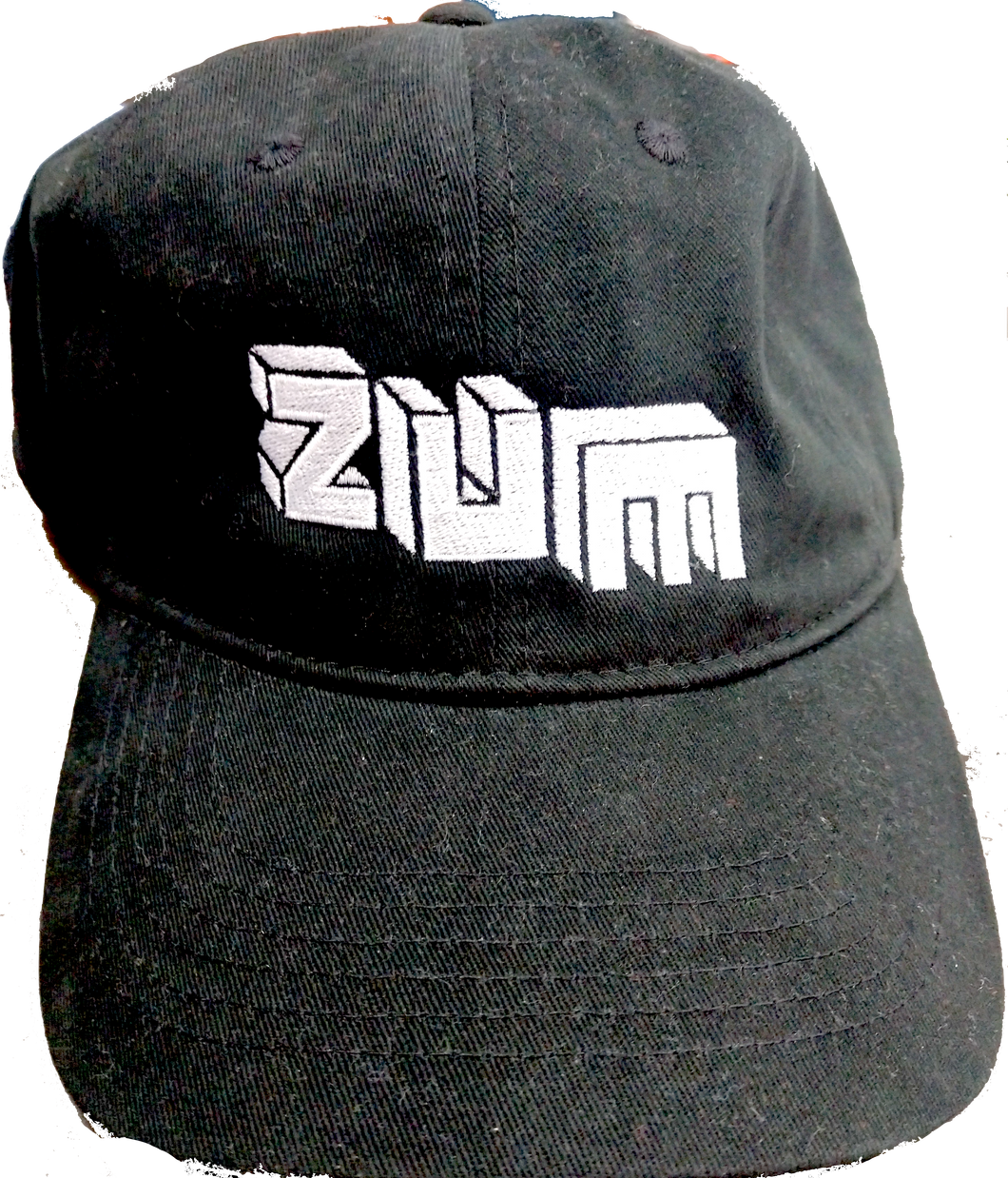 black baseball cap with white embroidered Zum logo